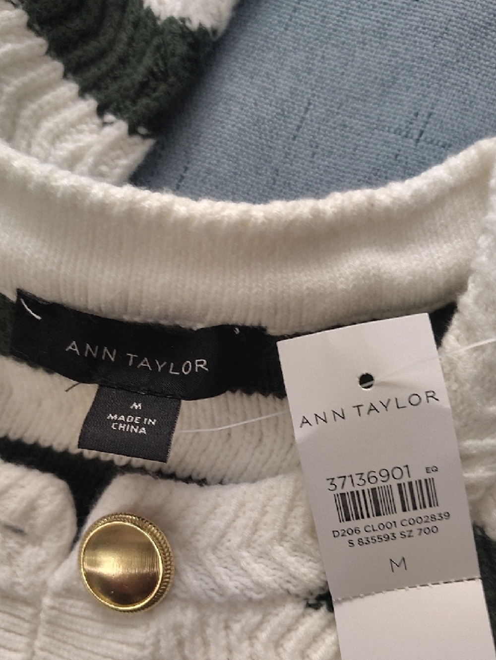 Ann Taylor Striped Crewneck Cardigan in Green and Cream - Picture 5 of 7